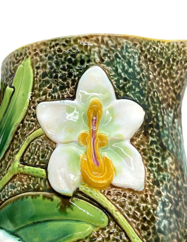George Jones Majolica Pitcher with Trompe L'oeil White Orchids, English, c. 1875 For Sale 5