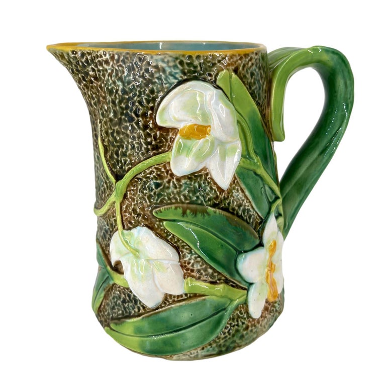 Victorian George Jones Majolica Pitcher with Trompe L'oeil White Orchids, English, c. 1875 For Sale