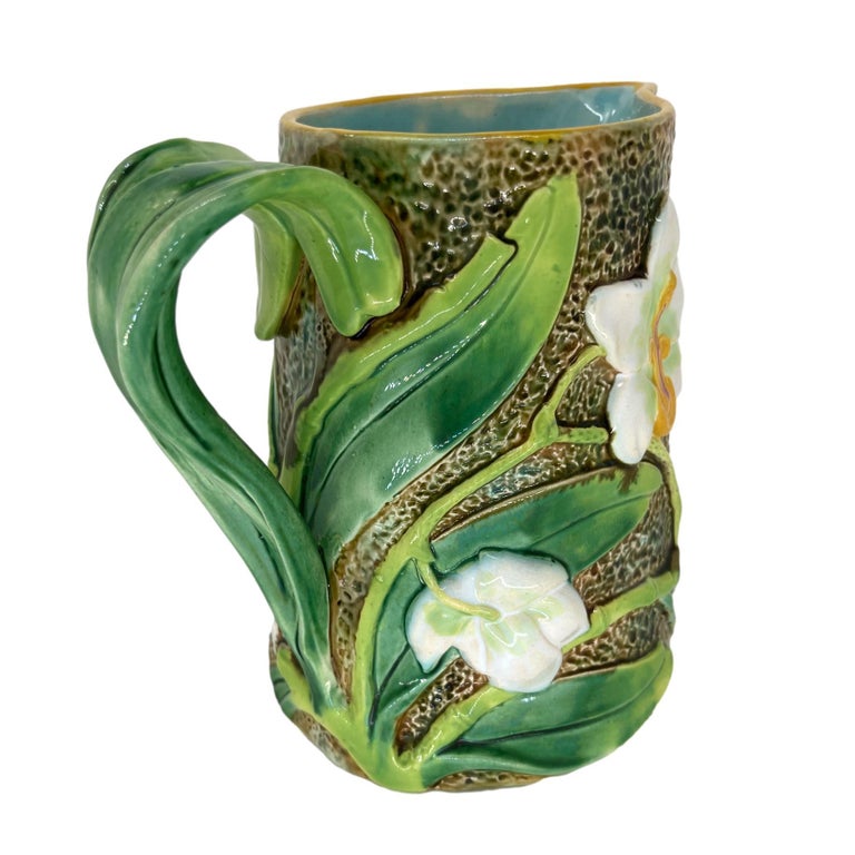 19th Century George Jones Majolica Pitcher with Trompe L'oeil White Orchids, English, c. 1875 For Sale