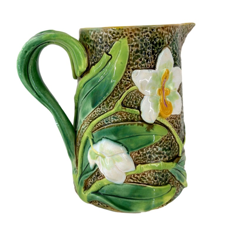 George Jones Majolica Pitcher with Trompe L'oeil White Orchids, English, c. 1875 For Sale 1