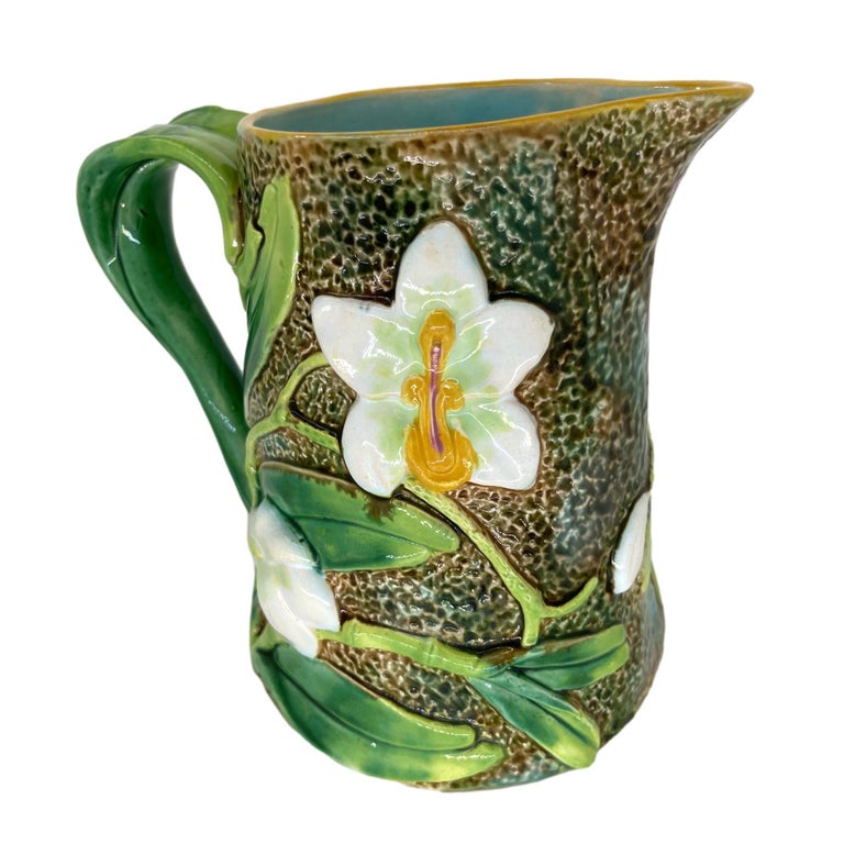 George Jones Majolica Pitcher with Trompe L'oeil White Orchids, English, c. 1875 For Sale 2