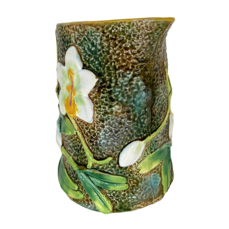 George Jones Majolica Pitcher with Trompe L'oeil White Orchids, English, c. 1875 For Sale 3