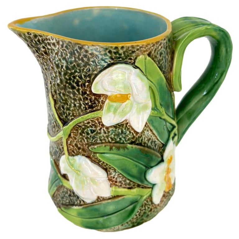 George Jones Majolica Pitcher with Trompe L'oeil White Orchids, English, c. 1875 For Sale