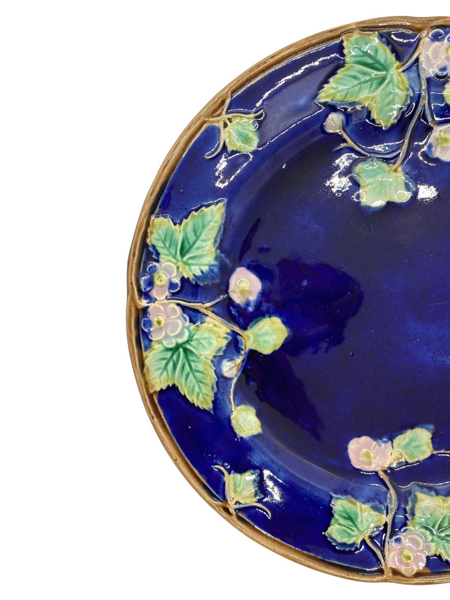 George Jones Majolica plate strawberry blossoms on cobalt ground, ca. 1880, Diameter: 7.5
This design is included in the Karmason Library of the Majolica International Society, I.D. Number: 4388, KL Number: KL002924P.
For 30 years we have been