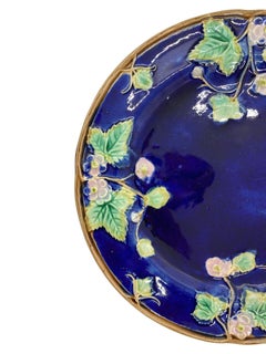 George Jones Majolica Plate Strawberry Blossoms on Cobalt Ground, ca. 1880