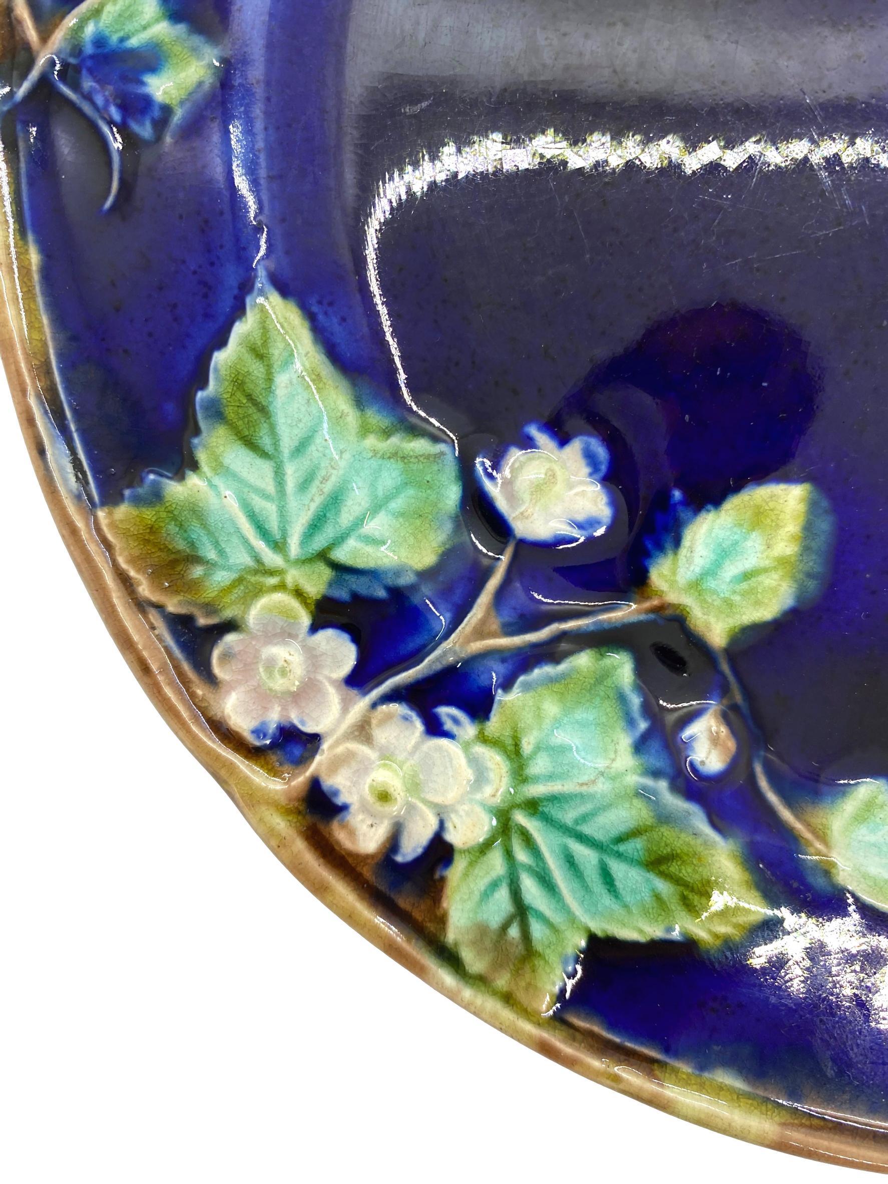 English George Jones Majolica Plate Strawberry Blossoms on Cobalt Ground, ca. 1880