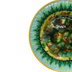 George Jones Majolica Plate Tortoiseshell Mottling, Green Leaves on Turquoise