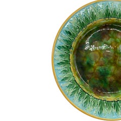 George Jones Majolica Plate Tortoiseshell Mottling, Green Leaves on Turquoise
