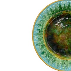 George Jones Majolica Plate Tortoiseshell Mottling, Green Leaves on Turquoise