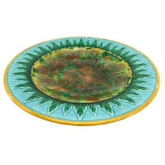 George Jones Majolica Plate, Tortoiseshell Mottling, Green Leaves on Turquoise