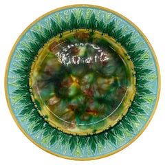 George Jones Majolica Plate Tortoiseshell Mottling, Green Leaves on Turquoise 