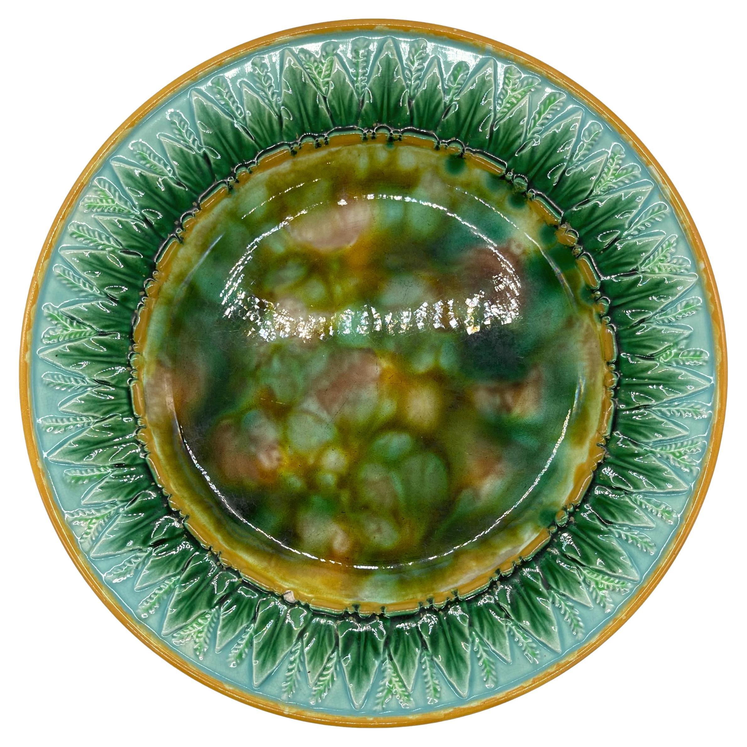 George Jones Majolica Plate Tortoiseshell Mottling, Green Leaves on Turquoise 