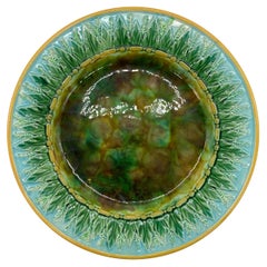 George Jones Majolica Plate Tortoiseshell Mottling, Green Leaves on Turquoise