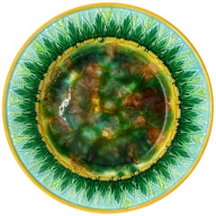 George Jones Majolica Plate with Mottled Center, Green Leaves on Turquoise