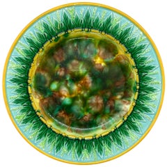 George Jones Majolica Plate with Mottled Center, Green Leaves on Turquoise