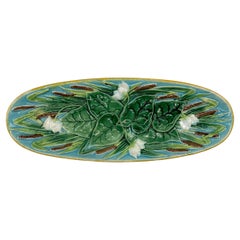 Antique George Jones Majolica Pond Lilies and Bullrushes 10-in Tray, English, c. 1875