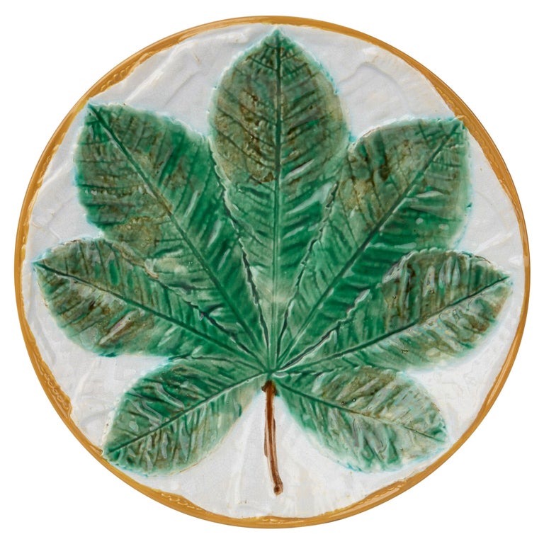 George Jones Majolica Pottery Horse Chestnut Leaf Plate, circa 1870 For Sale