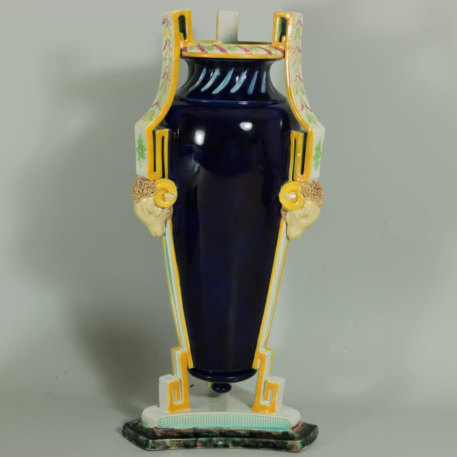 19th Century George Jones Majolica Rams Head Vase