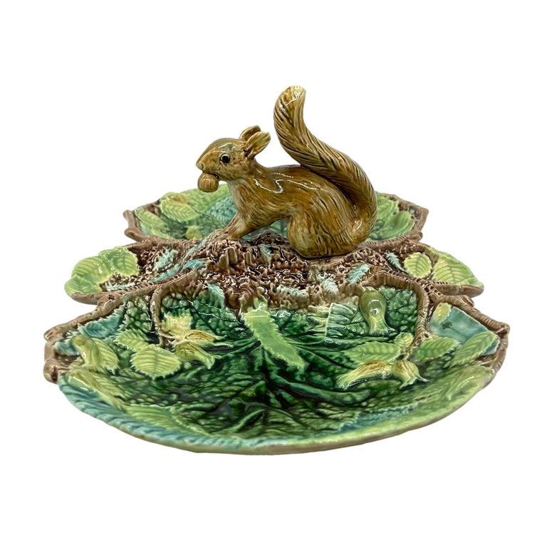 Victorian George Jones Majolica Rustic Server, Squirrel with Nut, English, ca. 1873 For Sale