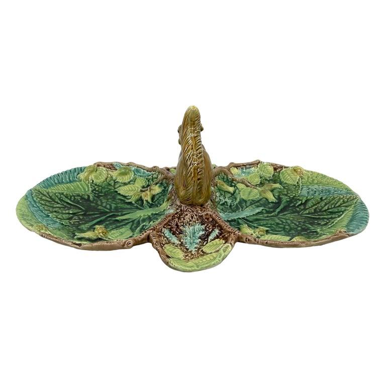Molded George Jones Majolica Rustic Server, Squirrel with Nut, English, ca. 1873 For Sale