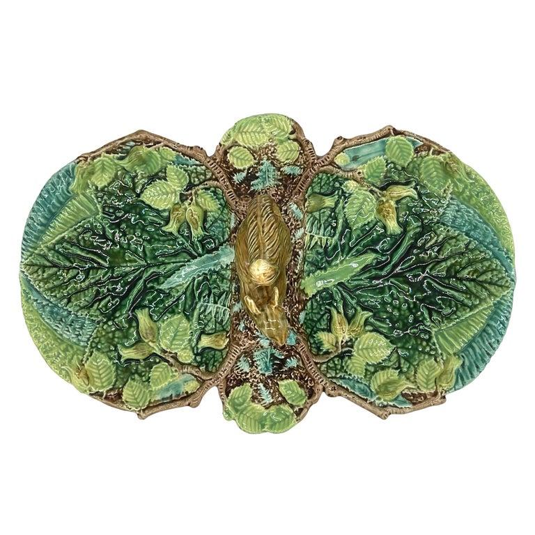 19th Century George Jones Majolica Rustic Server, Squirrel with Nut, English, ca. 1873 For Sale