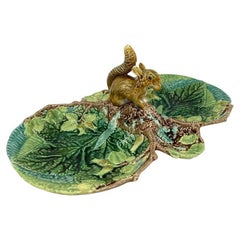 Antique George Jones Majolica Rustic Server, Squirrel with Nut, English, ca. 1873