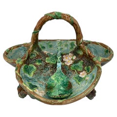 George Jones Majolica Rustic Strawberry Server Basket with Ladle, ca. 1873