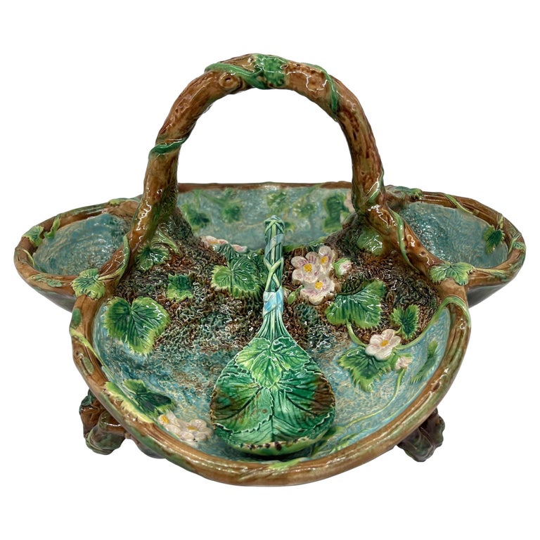 Jones Majolica Rustic Strawberry Server Basket with Ladle, ca