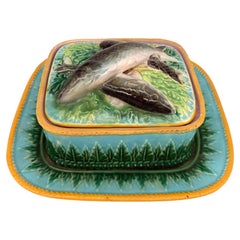 George Jones Majolica Sardine Box on Turquoise Ground, English, ca. 1870