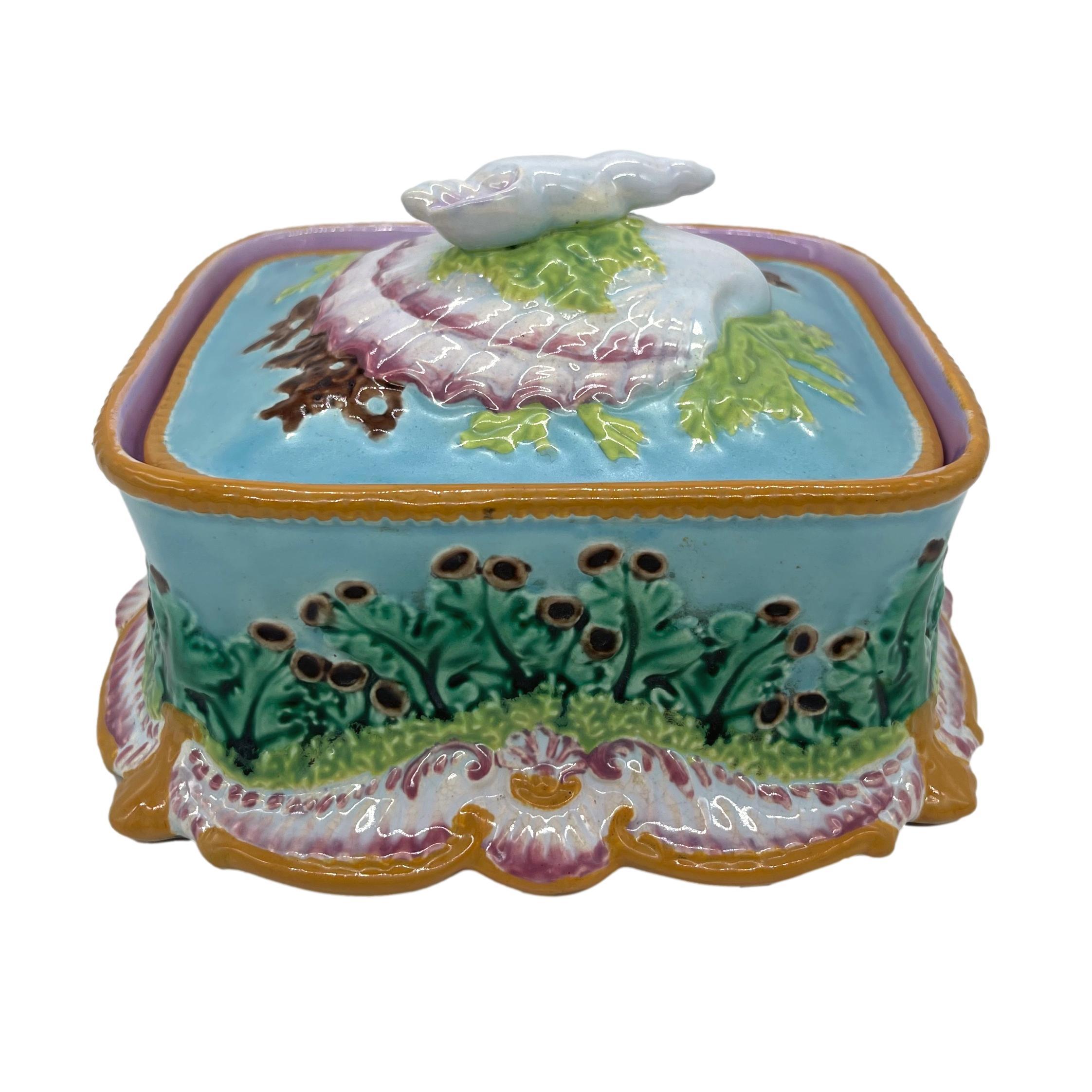 George Jones Majolica Turquoise Shells and Seaweed Sardine Box, English, ca. 1867, the box molded in high relief with a salmon on each of the four sides, each corner with molded coral forming the raised feet, the lid with a naturalistic conch shell,