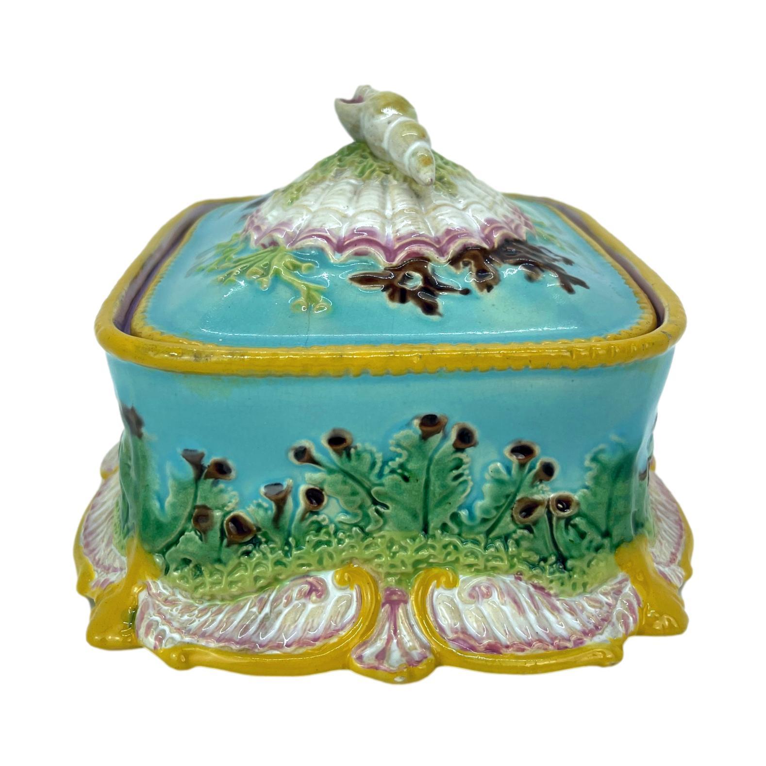19th Century George Jones Majolica Sardine Box with Shells and Seaweed, English, ca. 1867