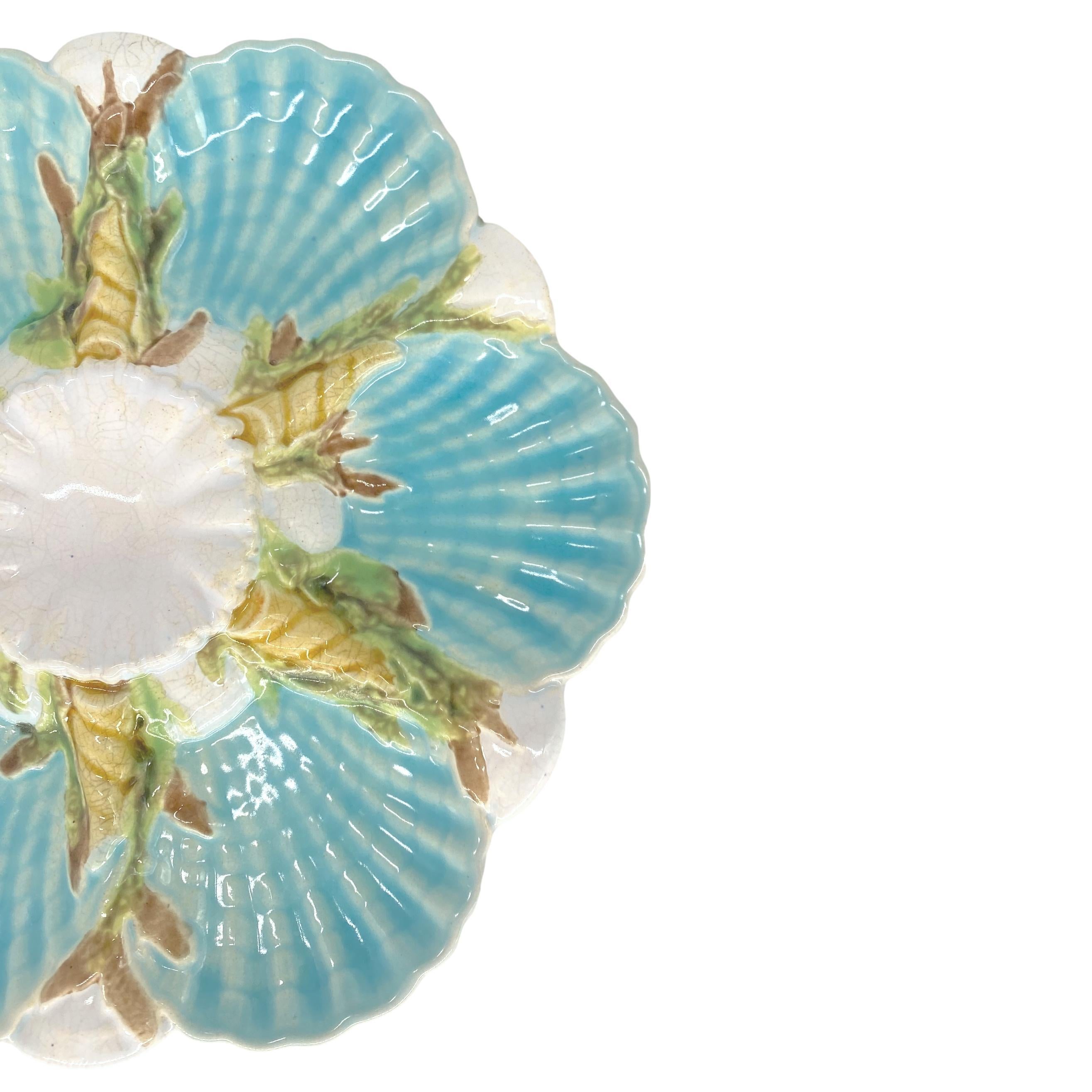 Victorian George Jones Majolica Scalloped Oyster Plate on Turquoise, English, ca. 1875