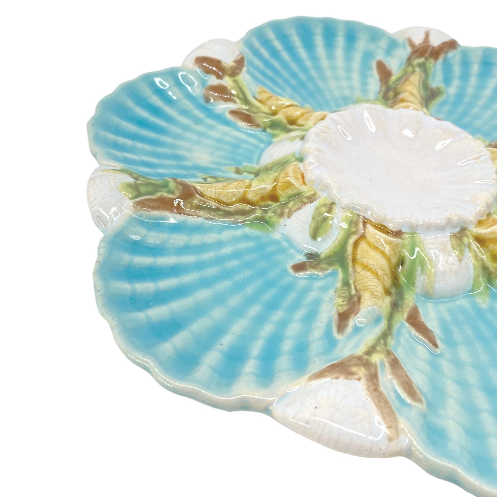 Glazed George Jones Majolica Scalloped Oyster Plate on Turquoise, English, ca. 1875