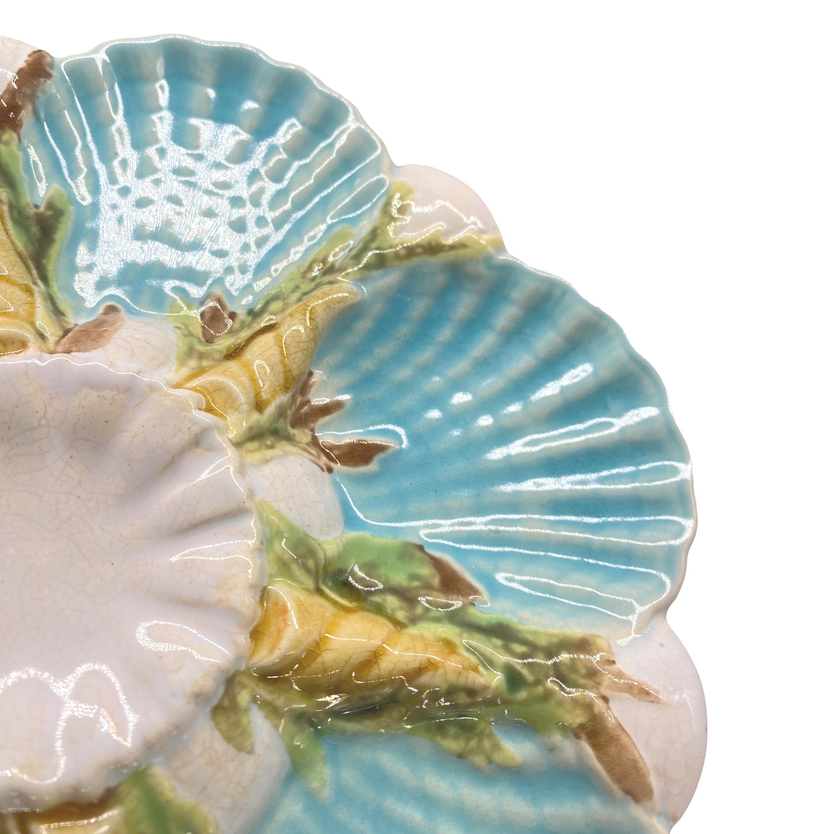 George Jones Majolica Scalloped Oyster Plate on Turquoise, English, ca. 1875 In Good Condition In Banner Elk, NC