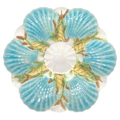 George Jones Majolica Scalloped Oyster Plate on Turquoise, English, ca. 1875
