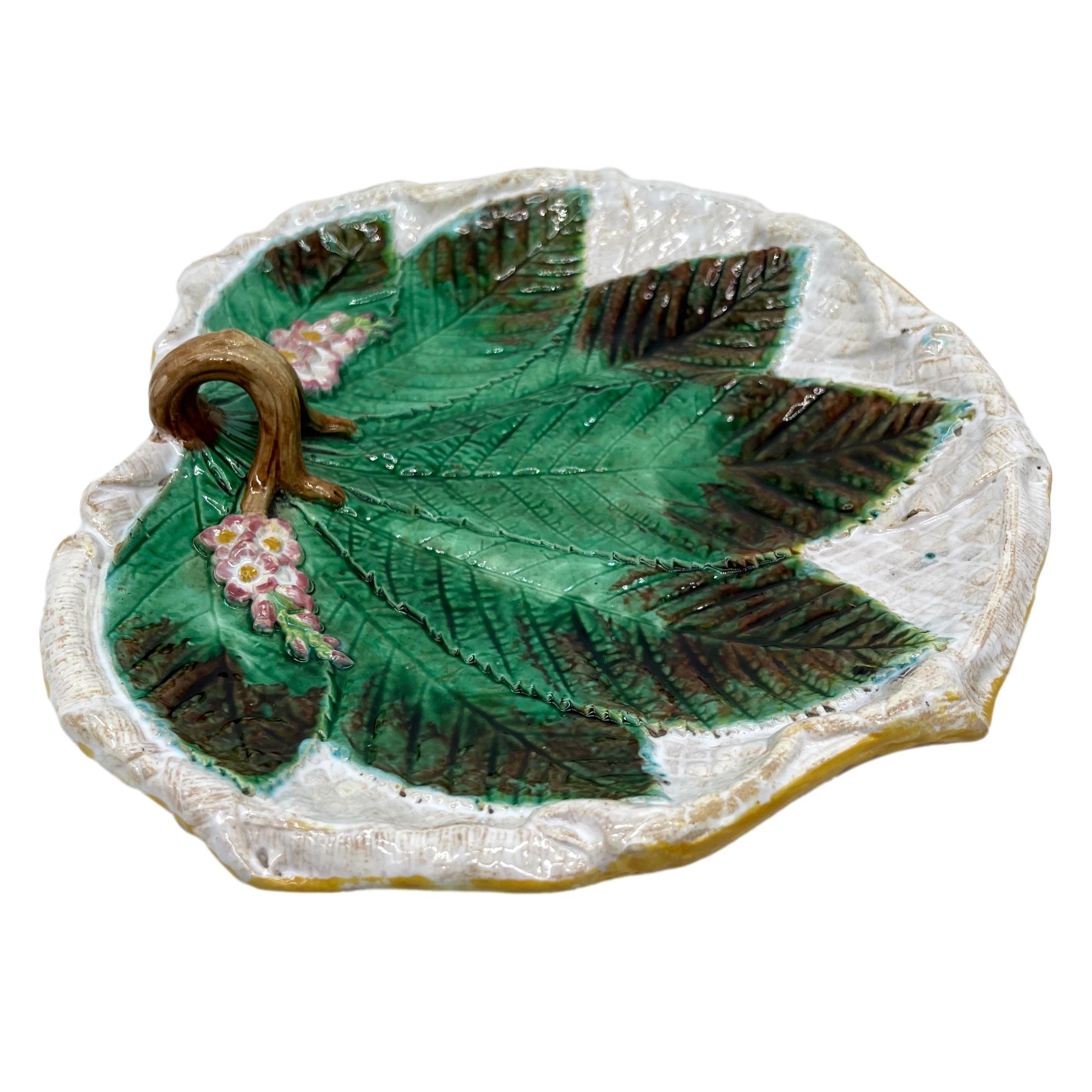 19th Century George Jones Majolica Serving Tray, Molded Chestnut Leaf & Blossoms, ca. 1875