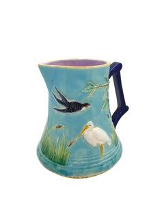 George Jones Majolica Stork in Marsh Pitcher Turquoise Ground, English, ca. 1878