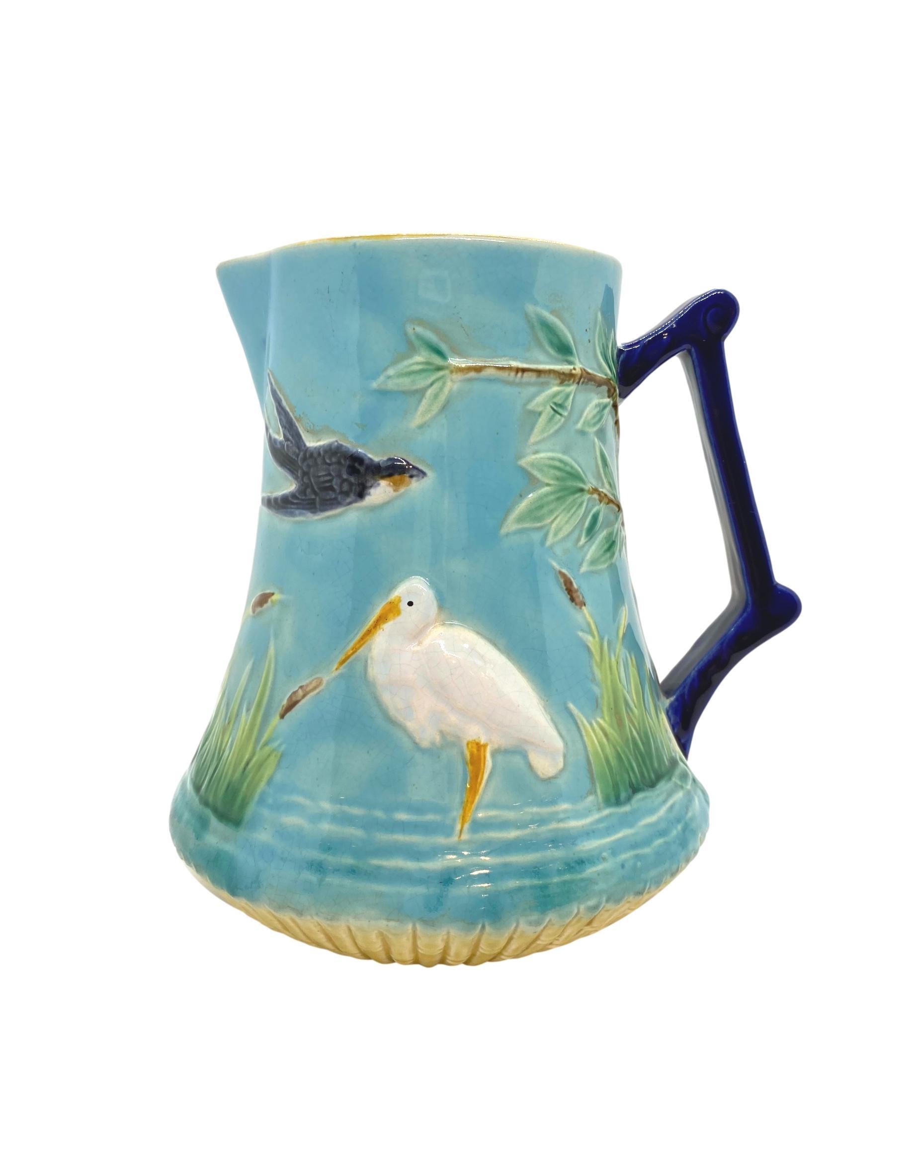 Victorian George Jones Majolica Stork in Marsh Pitcher Turquoise Ground, English, ca. 1878