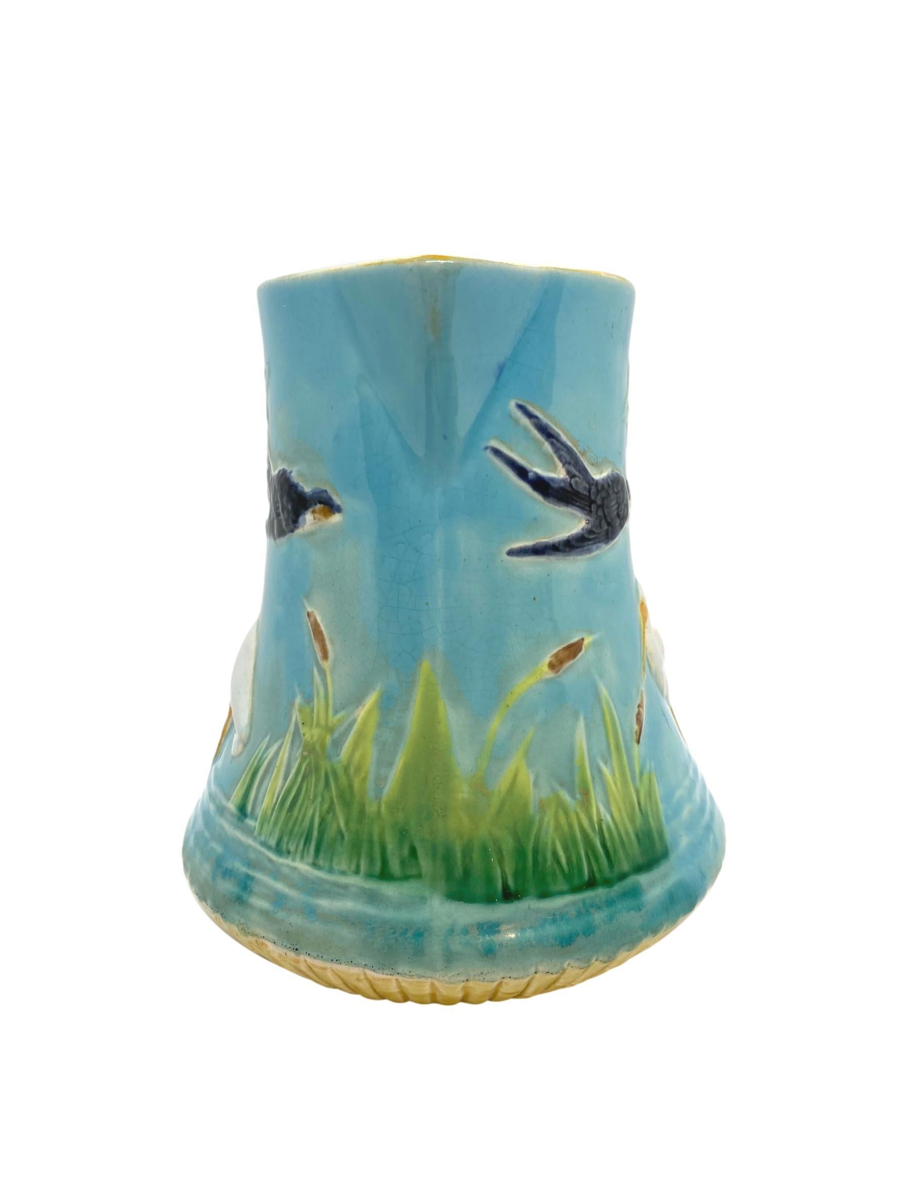 Molded George Jones Majolica Stork in Marsh Pitcher Turquoise Ground, English, ca. 1878