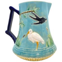 Antique George Jones Majolica Stork in Marsh Pitcher Turquoise Ground, English, ca. 1878