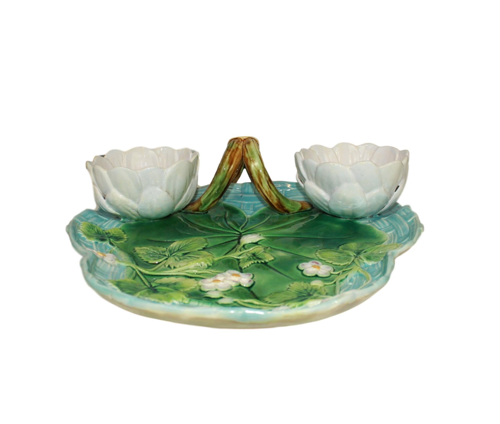 Victorian George Jones Majolica Strawberry Server Turquoise and Green, English, Dated 1877