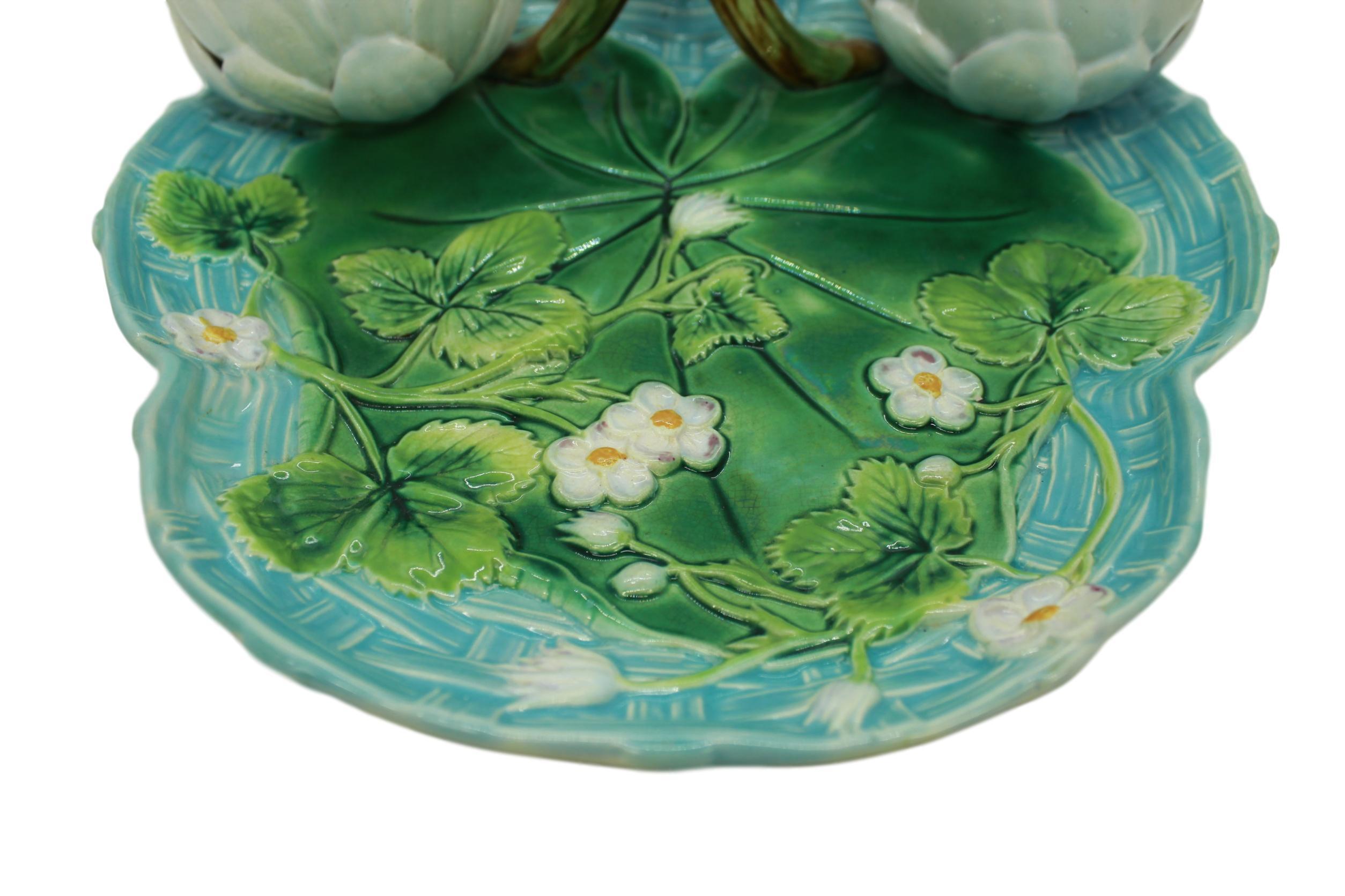 Molded George Jones Majolica Strawberry Server Turquoise and Green, English, Dated 1877