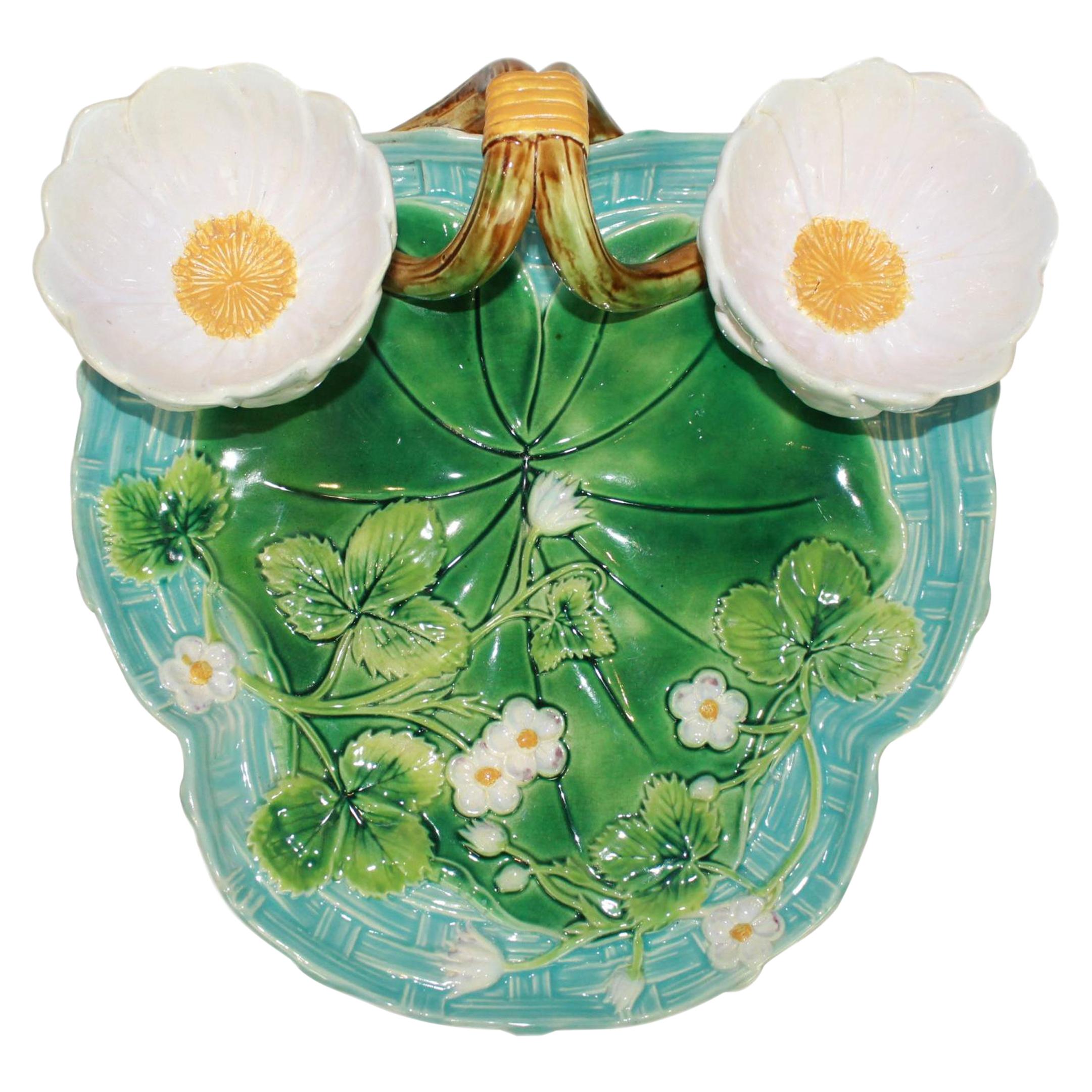 George Jones Majolica Strawberry Server Turquoise and Green, English, Dated 1877
