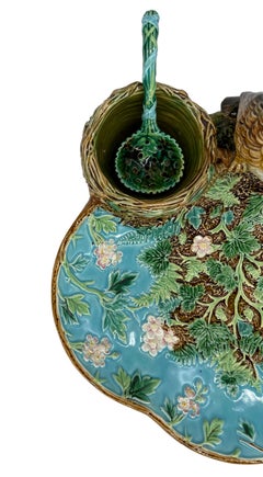 George Jones Majolica Strawberry Server with Bird, Cream & Sugar Spoons, 1870