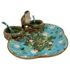 George Jones Majolica Strawberry Server with Bird, Cream & Sugar Spoons, 1870