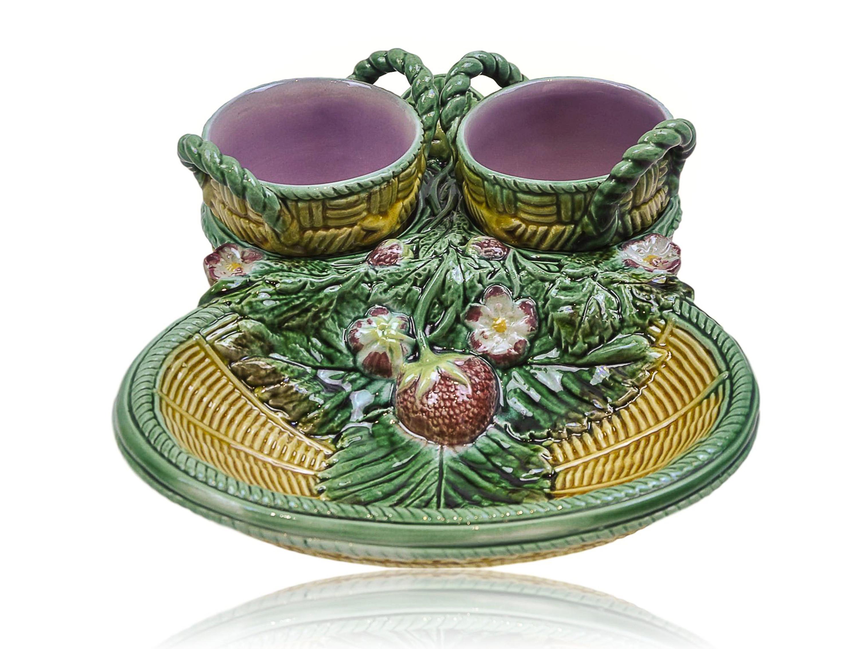 George Jones Majolica Strawberry Server with Rare Cream and Sugar Baskets, English, ca. 1868. British Registry mark (indistinct) for 16 June 1868.  
George Jones Majolica Pattern number 2515 with 'optional cream & sugar baskets' (see Bergesun)*  In