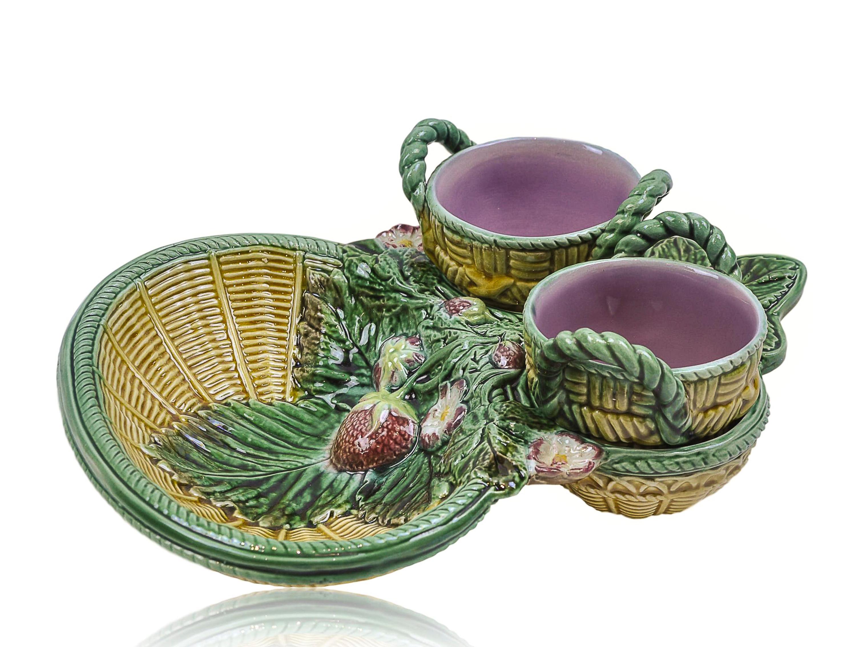 Victorian George Jones Majolica Strawberry Server with Rare Cream and Sugar Baskets, 1868