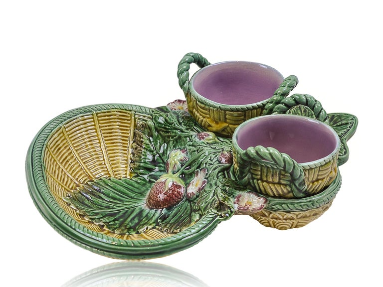 Jones Majolica Strawberry Server with Rare Cream and Sugar