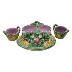 George Jones Majolica Strawberry Server with Rare Cream and Sugar Baskets, 1868