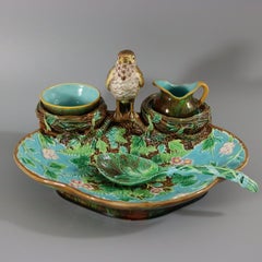 George Jones Majolica Strawberry Serving Set with Bird